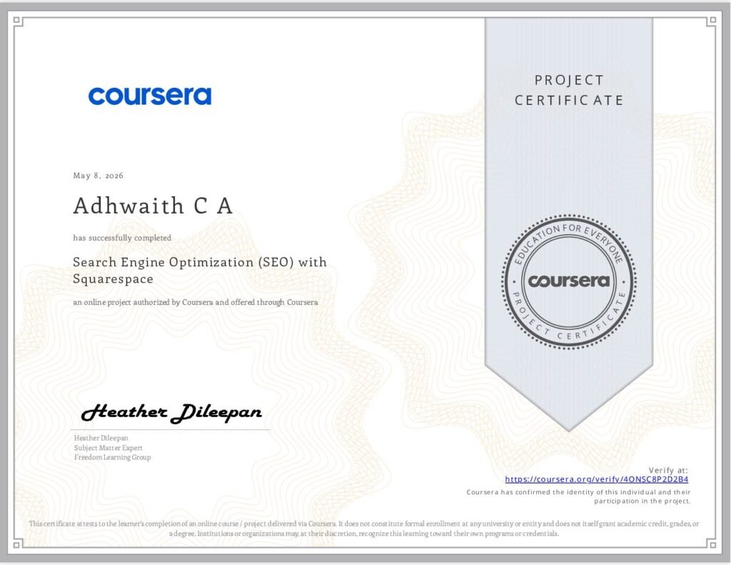 Coursera certificate 4ONSC8P2D2B4 for Adhwaith CA