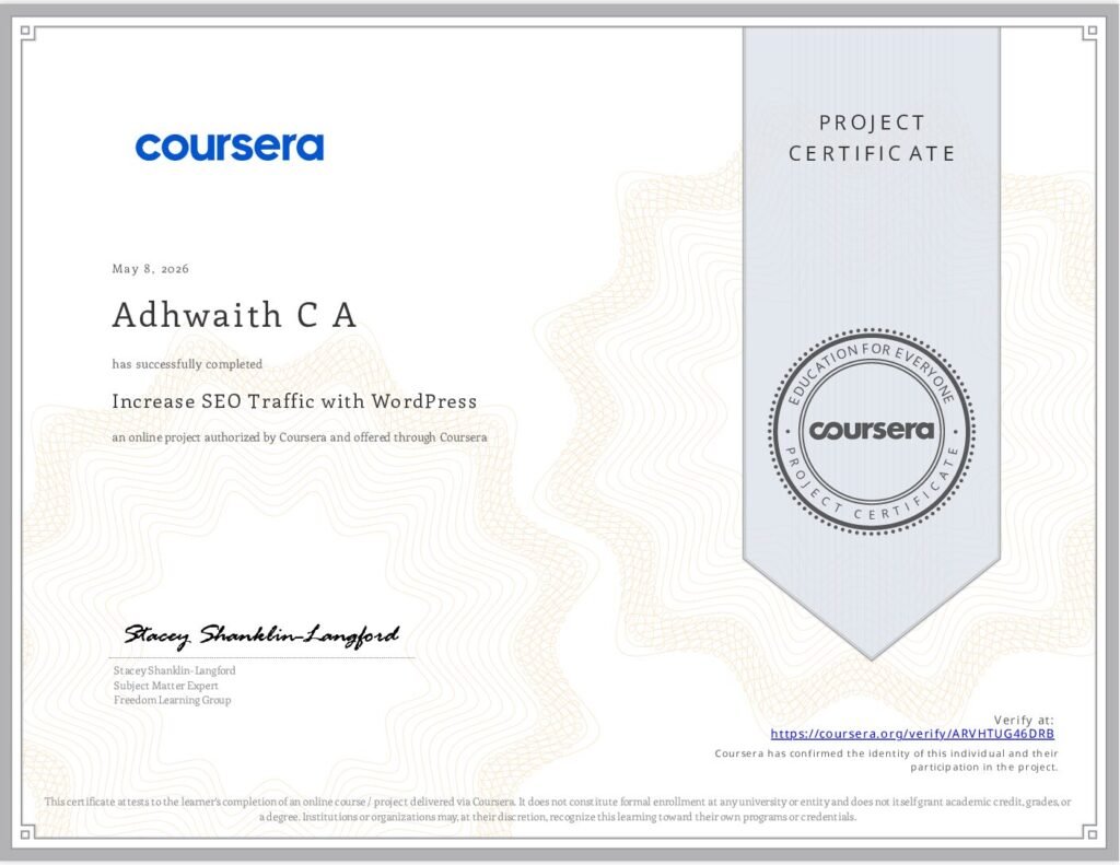 Coursera certificate ARVHTUG46DRB for Adhwaith CA