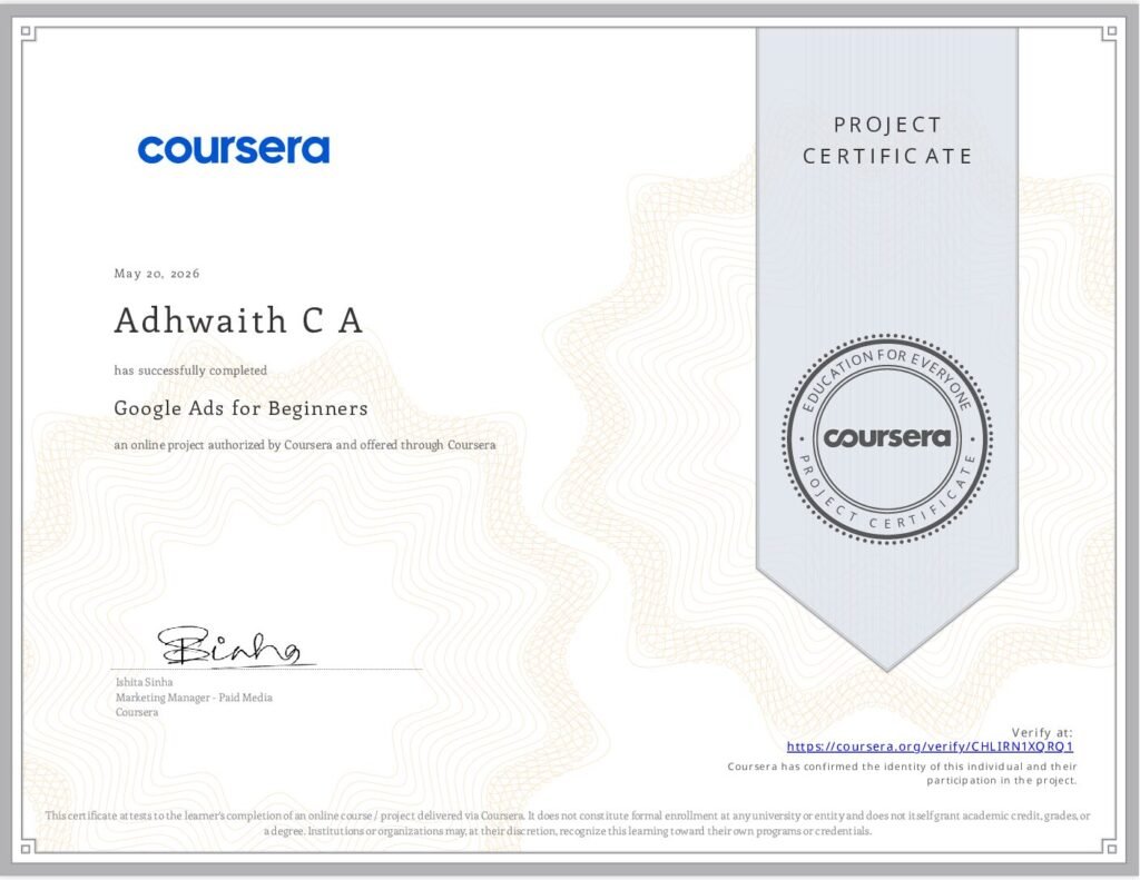 Coursera certificate CHLIRN1XQRQ1 for Adhwaith CA