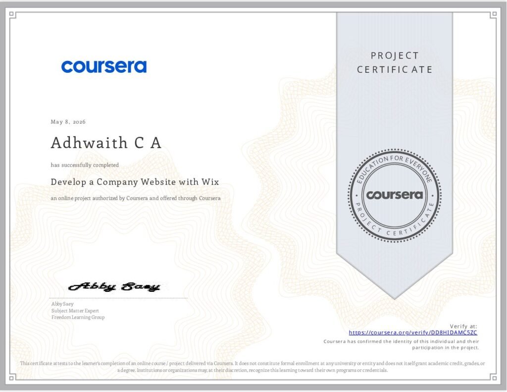 Coursera certificate DD8HIDAMC5ZC for Adhwaith CA